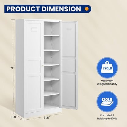 MIIIKO Metal Pantry Cabinet, Utility Storage Cabinets with 2 Doors and 5 Shelves, Versatile Freestanding Tall Cupboard for Kitchen, Bedroom, Laundry Room and Office, 71" H x 15.7" D x 31.5" W