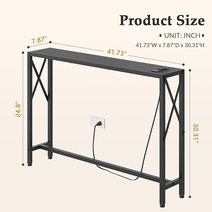 41.7" Console Table with Outlet, Narrow Behind Couch Sofa Table, Industrial Skinny Design for Hallway, Entryway, Living Room, Black