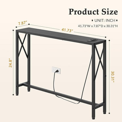 41.7" Console Table with Outlet, Narrow Behind Couch Sofa Table, Industrial Skinny Design for Hallway, Entryway, Living Room, Black