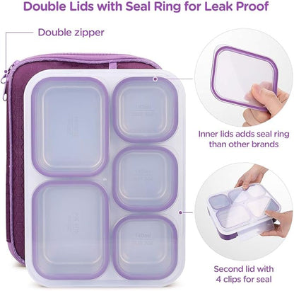 DaCool Stainless Steel Kids Bento Lunch Box Leak Proof BPA-Free School Lunch Container 5-Compartment with Lunch Bag and Fork for Toddler Child Adult, Food Snack Container for Picnic Outdoors,Purple