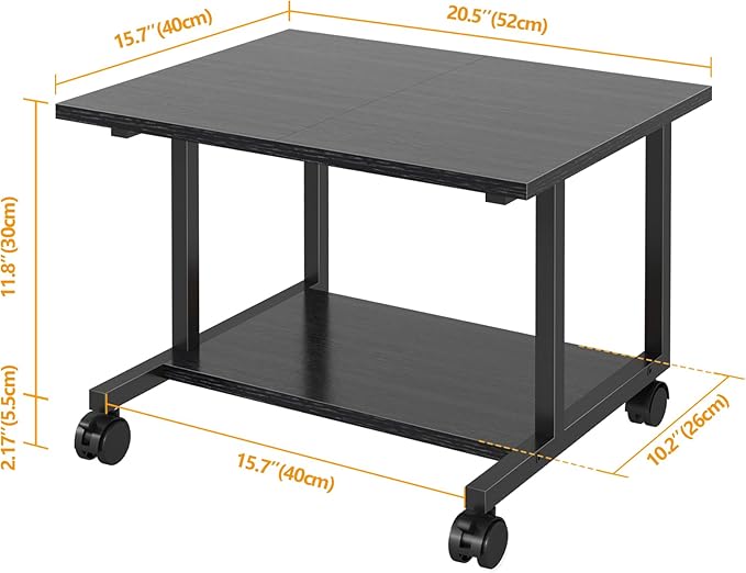 Livofloral Under Desk Printer Stand, 20.5 x 15.7 Inches Cart With Wheels, 2 Tier Mobile Table for Home Office, Large Stand With Storage for Mini Fridge, Black