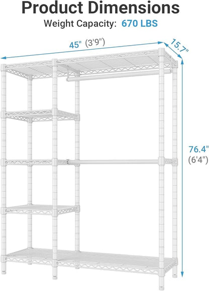 VIPEK V7 Garment Racks for Hanging Clothes Heavy Duty Clothes Rack with Shelves, Portable Closet Rack Metal Clothing Racks 5 Tiers Freestanding Closet Wardrobe System, Max Load 670lbs, White