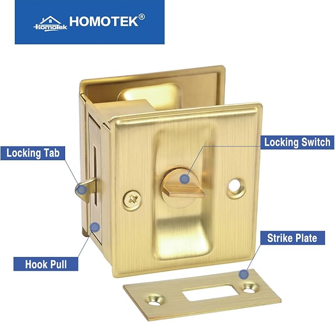 HOMOTEK 1 Pack Privacy Sliding Door Lock with Pull - Replace Old Or Damaged Pocket Door Locks Hardware Quickly and Easily, 2-3/4”x2-1/2”, for 1-3/8” Thickness Door,Brushed Brass