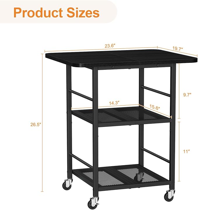 Snughome 3-Tier Printer Stand, 19.7" D×23.6" W×26.5" H Extra Large Printer Table with Storage Shelves, Rolling Cart with Lockable Wheels for Home Office, Black