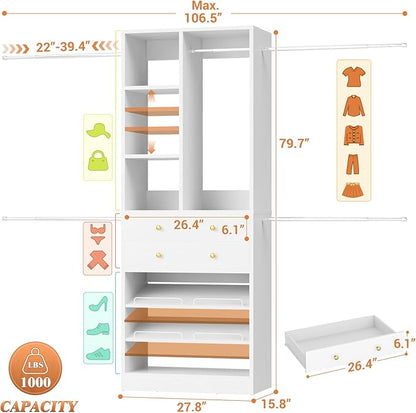 Closet System, 4.2–8.8 FT Closet Organizer with 2 Wooden Drawers and Shelves, Walk-in Closet System with Hanging Rods, Built-in Closet Tower, Can Fit 60 to 96 inch, White