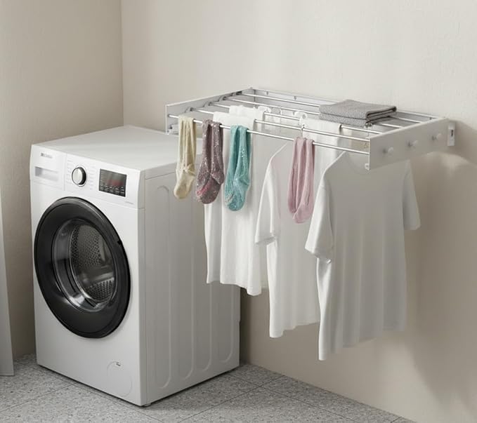 Wall Mounted Clothes Drying Rack, 32" Space Saving Foldable Laundry Drying Rack with Wall Template for Bathroom, Apartment, College Dorm (White 5 Rods and 6 Hooks)