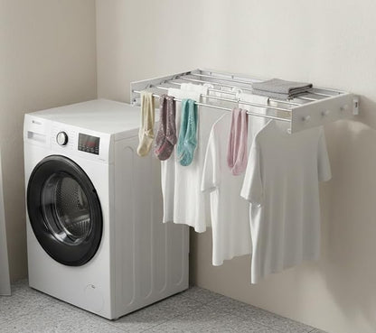 Wall Mounted Clothes Drying Rack, 32" Space Saving Foldable Laundry Drying Rack with Wall Template for Bathroom, Apartment, College Dorm (White 5 Rods and 6 Hooks)