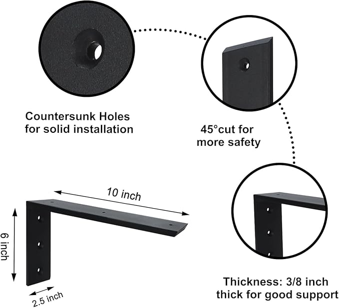 Countertop Support Bracket 6 Pack 10 inch Heavy Duty 3/8" Thick Black Granite Countertop Bracket 10"x6"x2.5" Shelf L Bracket Mantel Corbels for Quartz/Granite/Wood/Concret/Laminate Countertops