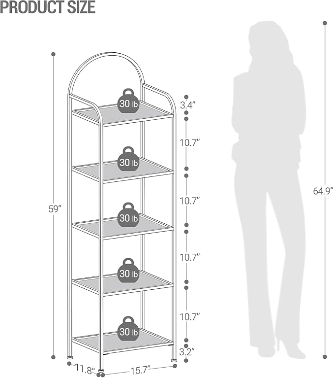Bookcase Bookshelf, Tempered Glass Bookshelves, Slim Shelving Unit for Bedroom, Bathroom, Home Office, Steel Frame, 5 Tier Gold BC05001G