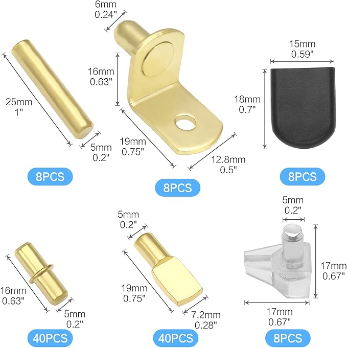112 Pcs 5 Styles Shelf Nail kit, Metal Nickel Plated Shelf Support pin, Silicone Cover, Suitable for Kitchen Cabinet, Bookcase Support pin and pin (Gold)