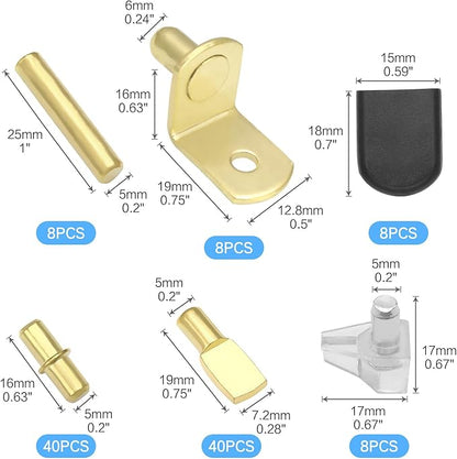 112 Pcs 5 Styles Shelf Nail kit, Metal Nickel Plated Shelf Support pin, Silicone Cover, Suitable for Kitchen Cabinet, Bookcase Support pin and pin (Gold)