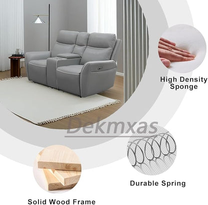 Power Sectional Recliner Loveseat, Breathing Leather Living Room Furniture Sets, Sliver Grey Reclining Loveseat with 2 Recliner Seats/Cup Holders/Storage Console for Apartment/Rv Car/Office