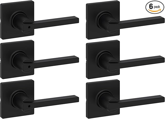 Kwikset Casey Hallway Passage and Bed/Bath Privacy Door Handle 6 Pack, 3 Passage Levers and 3 Privacy Levers, Matte Black Reversible Interior Handles, with Microban