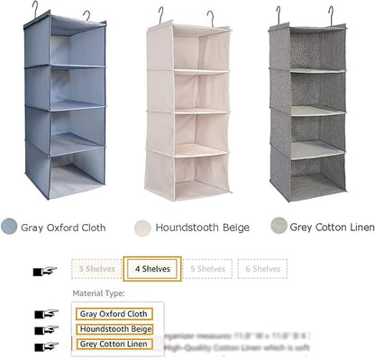 Hanging Closet Organizer and Storage, Foldable 4-Shelf Wardrobe Clothes Shelves Organizer, Imitation Linen Fabric, Beige Houndstooth