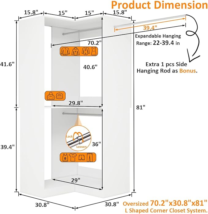 Corner Closet System with 3 Hanging Rods, 30.8”-70.2” L Shaped Freestanding Closet Organizer for Walkin Closet, Corner Wardrobe, White