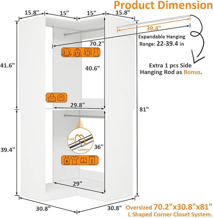 Corner Closet System with 3 Hanging Rods, 30.8”-70.2” L Shaped Freestanding Closet Organizer for Walkin Closet, Corner Wardrobe, White