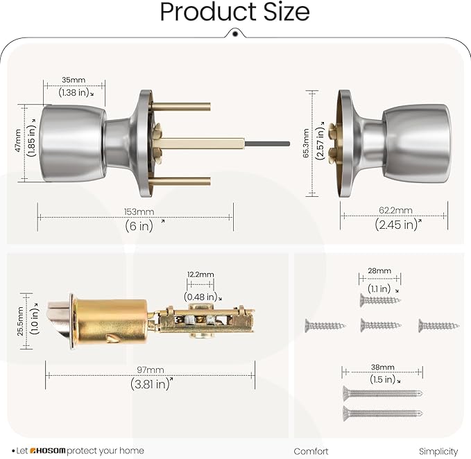 HOSOM Passage Door Knob, Interior Door Knob, Keyless Door knobs Interior for Hallway, Closet and More, No Locking Satin Nickel Door Handle Knob, 1 Pack