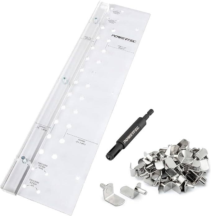 POWERTEC Shelf Pin Jig w/ 5mm Self Centering Drill Bit & 50pcs Shelf Pegs, 3/8" Holes Shelf Pin Drilling Jig and 5mm L-Shaped Bracket Shelf Pins Support Pegs for Shelves, Kitchen Cabinet (72237)