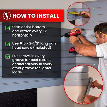 DLDIRECT 3 Colors - Slatwall Panel Garage Organizer: Heavy Duty Wall Mounted PVC Rack, Interlocking Slat Paneling for Garage Storage, Slotwall Board, Shelves System
