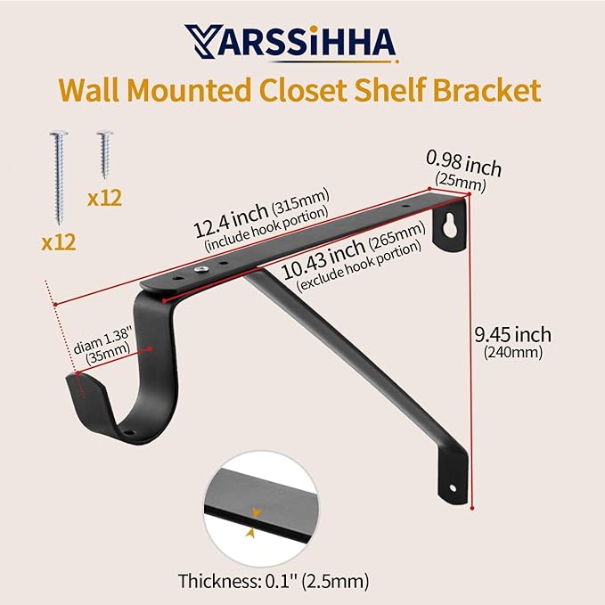 Yarssihha 6 Pack Adjustable Closet Rod Bracket, Wall Mounted Closet Shelf Bracket, Black Closet Rod Support Bracket with Screws