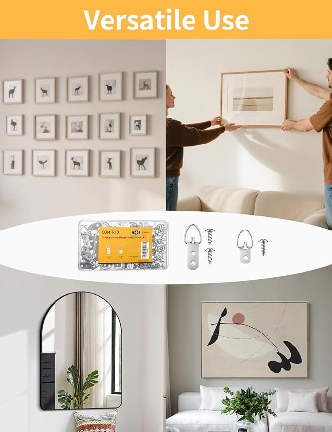 (2 Sizes, 140PCS) D-Ring Picture Hangers with Screws Kit – 40 Single Hole & 20 Double Hole Hangers with 80 Screws | Heavy Duty Wall Hooks for Frames Mirrors Canvas and Picture Hanging Hardware