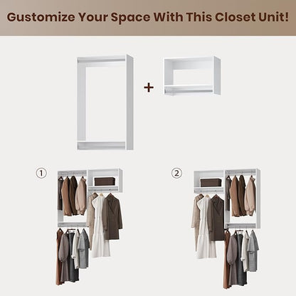 ROOMTEC Modular Closet System, 67" Wall-Mounted Closet Organizer with Hanging Rods, Wooden Tower for Walk-In Closets, Wardrobe Storage Kit, White