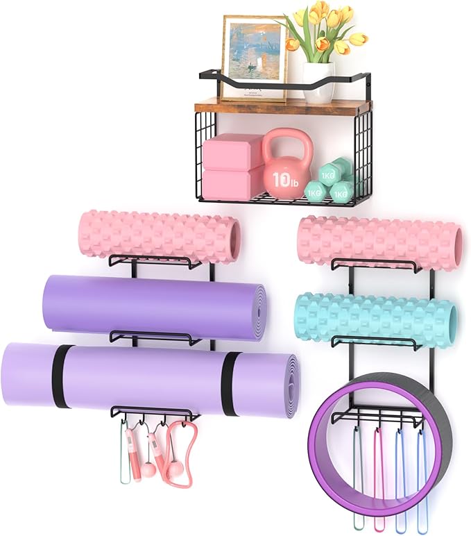 6-Tiers Yoga Mat Holder Wall Mount with Wood Floating Shelves, Yoga Mat Storage Rack Home Gym Accessories with Hooks for Hanging Stretching Strap & Resistance Bands, Yoga Room/Home Gym Decor