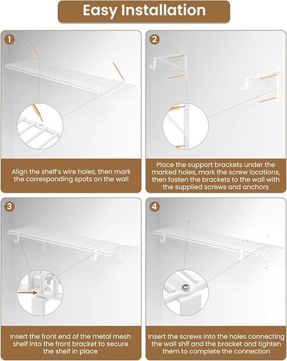 2 Pack Closet Shelves with Triangular Brackets and Hanging Rod, 4FT X 12IN Wall Mounted Wire Shelving Orgnizer for Closet,Laundry Room,Pantry,Load Up to 150lb, White