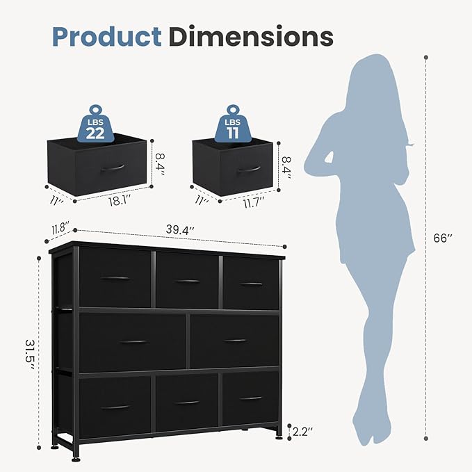 DUMOS TV Stand, Dresser with 8 Fabric Drawers, Spacious Storage Tower for Closet, TV Stand with Wood Top and Mental Frame, Storage Unit for Living Rooms, Bedroom and Entryway, Black
