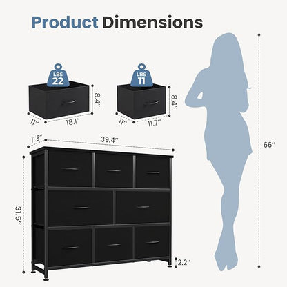 DUMOS TV Stand, Dresser with 8 Fabric Drawers, Spacious Storage Tower for Closet, TV Stand with Wood Top and Mental Frame, Storage Unit for Living Rooms, Bedroom and Entryway, Black