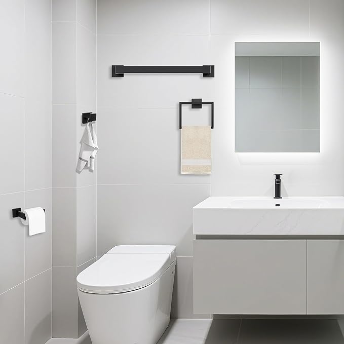 5 Piece Bathroom Towel Bar Set - SUS304 Stainless Steel Bath Towel Holder, 15.7 Inch Towel Racks for Bathroom Wall Mounted, Bathroom Hardware Accessories Set - Matte Black
