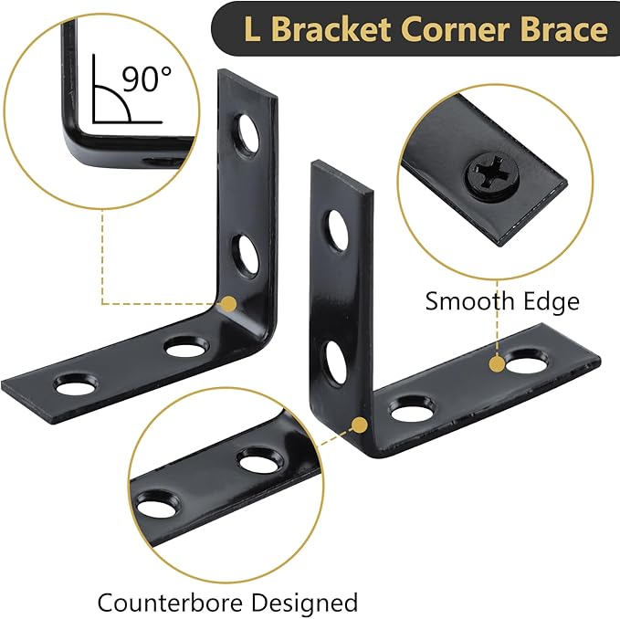 HOME MASTER HARDWARE L-Shaped Corner Braces, 40-Piece Metal Black Corner Bracket 1-1/2 Inch Right Angle Brackets for Shelves, Wood Furniture, Frames - Includes Rust-Resistant Screws