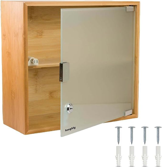 Toughty Bamboo Locking Medicine Cabinet - Wall Mount Lockable Medical Storage Box w/Key Lock - Secure Durable Organizer for Medication, First Aid & Supplies - for Bathroom or Home - 12x13x5 Inches