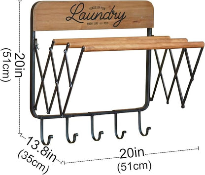 SOFFEE DESIGN Accordion Laundry Rack, Retractable Wall Mounted Racks, 3 Bars & 5 Hooks for Drying Rack Hanging Towels Clothes Save Space Perfect for Laundry Room, Bathroom, Mudroom, Wall Decor