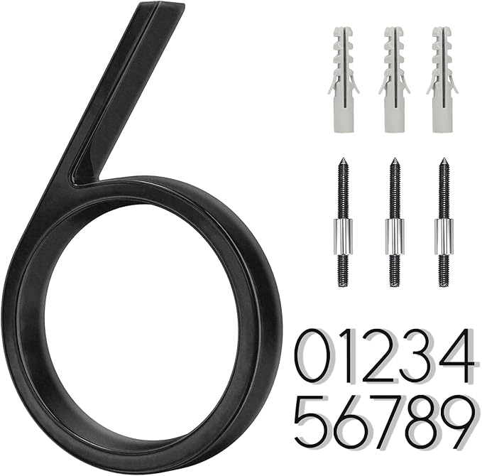 6" Stainless Steel Floating House Number 6, Metal Modern House Numbers, Mailbox Decor Number with Nail Kit, Coated Black, 911 Visibility Signage (Large 6)