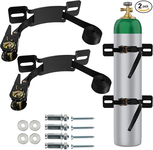 2PCS Propane Tank Bracket Cylinder Wall Mounted Brackets, with 6.6ft Ratchet Straps, Steel Gas Cylinder Holder, Heavy Duty Nitrogen Tank Holder (Black)