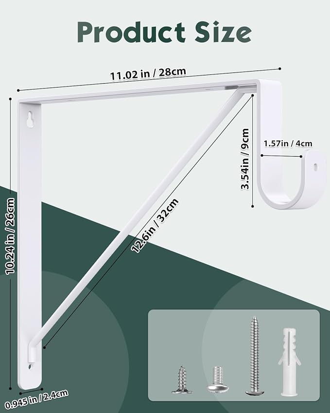 4 Pack Closet Rod Bracket, Heavy Duty Closet Rod Support with Rod Holder, Wall Mounted Closet Shelf Brackets with Triangle Stabilizing Design for Closet, Bathroom and Kitchen, White