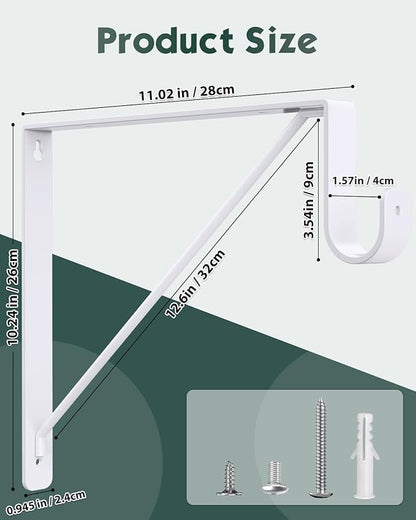 4 Pack Closet Rod Bracket, Heavy Duty Closet Rod Support with Rod Holder, Wall Mounted Closet Shelf Brackets with Triangle Stabilizing Design for Closet, Bathroom and Kitchen, White