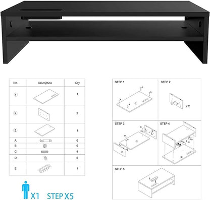 BONTEC Wood Monitor Stand Riser, 2-Tier Desktop Organizer with Storage, Ergonomic Computer Stand for Desk, Cable Management, Cellphone Holder, 21.3 Inch Shelf, Black