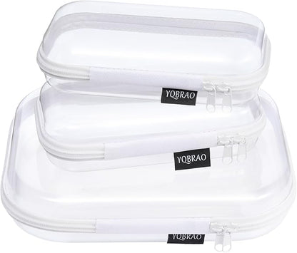 3 Pack Clear Hard Shell Zipper Case - Clear Waterproof Cosmetic Bag with Zipper, Kid's Toy Storage Organizer Bins, Charging Cables, creative journaling, painting brushes, Threads,Sketch Supplies