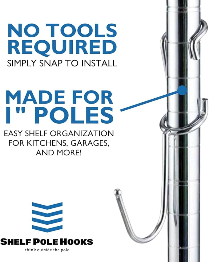 Shelf Pole Hooks 5-Pack | Chrome J Hooks for 1-Inch Poles | Snap-On Hooks for Wire & Metal Shelving | Kitchen, Garage & Home Organization