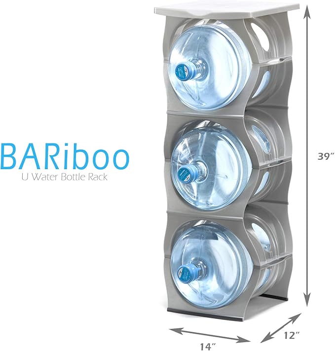 Bariboo Stackable Water Bottle Storage Rack Best Water Jugs 5 Gallon Organizer. Jug Holder for Kitchen, Cabinet and Office Organizing. Reinforced Polypropylene (Black, 3 Plus Shelf)