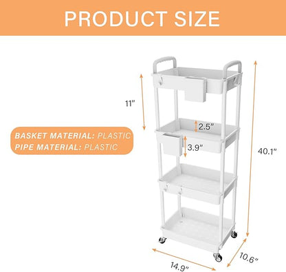 4 Tier Rolling Utility Cart with Handle,REBECAT Utility Cart Made of Multifunctional Storage Organizer Tool for Kitchen,Bathroom,Living Room,Office(White)