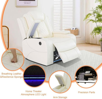 Leather Power Recliner Chair, Creamy White Power Living Room Furniture Sets with LED, Reclining Chair with Center Console, Storage,Cup Holders,Recliner Couch for Living Room, Meeting Room