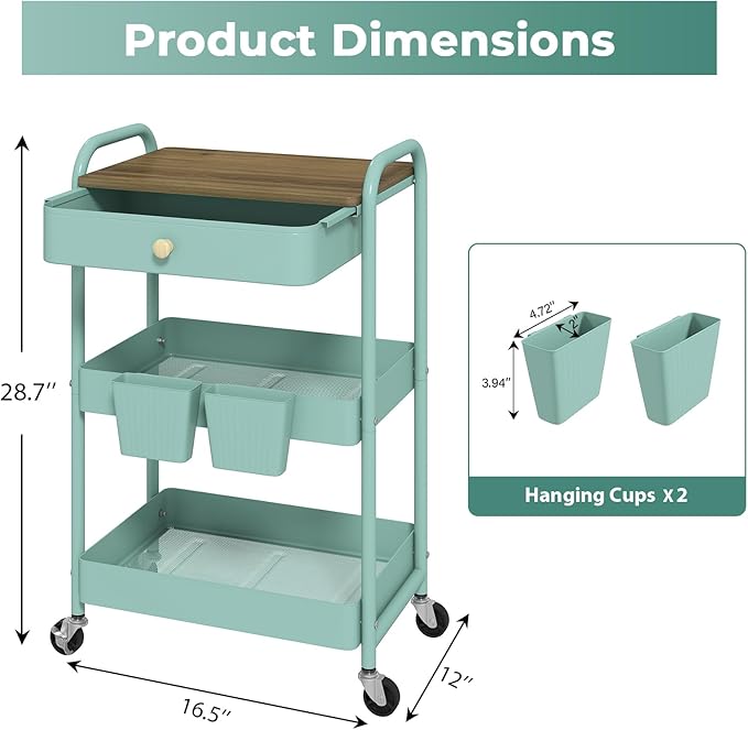 danpinera 3 Tier Rolling Cart, All-in-One Art Cart Organizer on Wheels for Kitchen, Bathroom, Office, Laundry