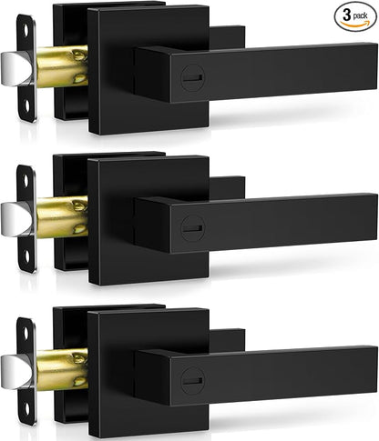 3 Pack Matte Black Door Handles, Keyless Interior Door Knobs, Privacy Door Lever Locksets for Bedroom Bathroom, Heavy Duty Square Door Lock, Reversible for Left&Right Handled Doors