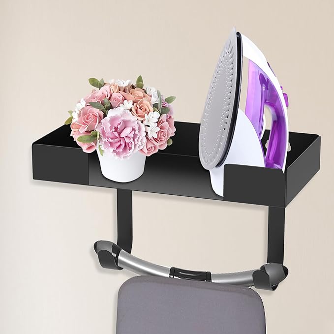 Ironing Board Holder, Wall Mount Ironing Board Hanger, Stainless Steel Iron Board Holder, Multipurpose Ironing Board Rack with Shelf and Removable Hooks, Storage Organization for Laundry Room Bathroom