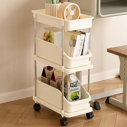 Slim Storage Cart 3 Tier Slim Rolling Utility Cart with Pull-Out Baskets & Wheels for Narrow Space in Kitchen Dining Room Bathroom Laundry Room Cream White (Width 6.3 Inches)