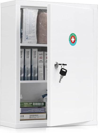 KYODOLED Wall Mount Locking Medicine Cabinet, Large Capacity First Aid Cabinet for Bathroom, Medicine Cabinet with Key, Secure Steel Lock Box for Medication, 15.75" H x 11.82" W x 4.72" D, White