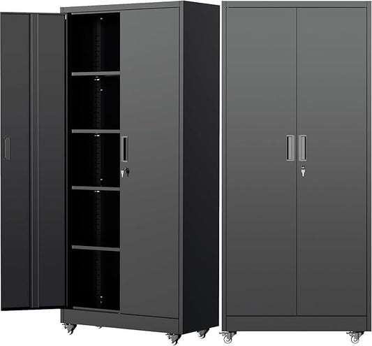 Pataku 73" Metal Storage Cabinet with Wheels, Garage Storage Cabinet with 4 Adjustable Shelves & Lockable Doors for Garage Home Office, Heavy Duty Tool Cabinets